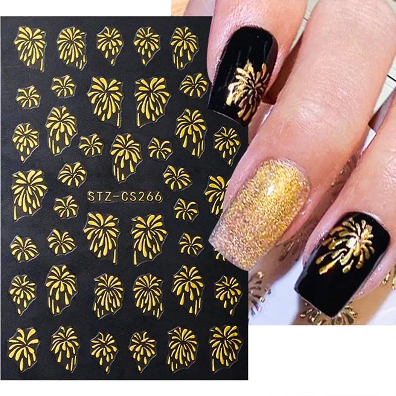 TOGZOM Gold Firework Nail Decals - Glitter Self-Adhesive Stickers, Bronzing Designs for Nail Art on New Year Nails - Image 3